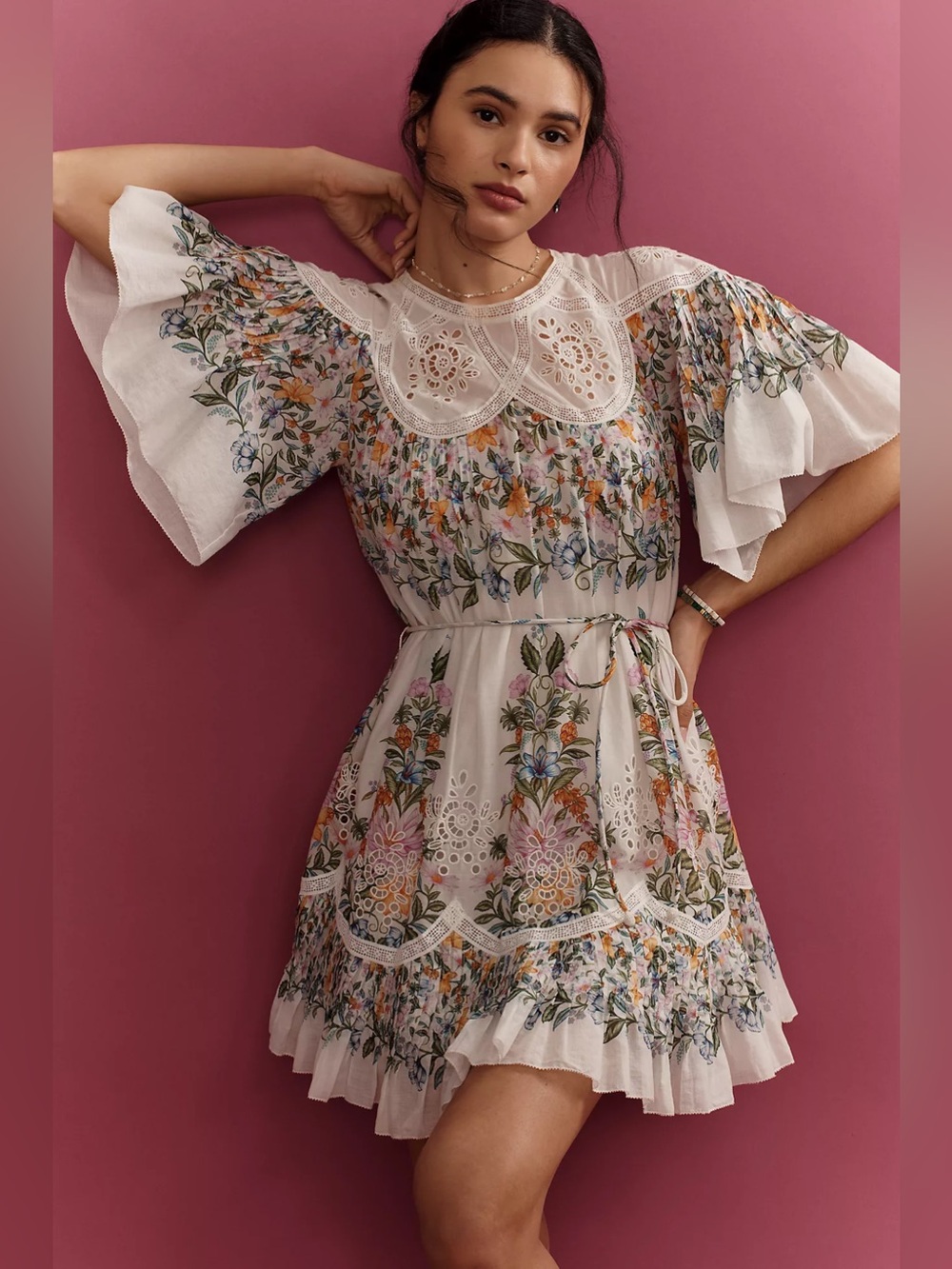 Farm Rio Sweet Bloom Bouquet Short-Sleeve Mini Dress